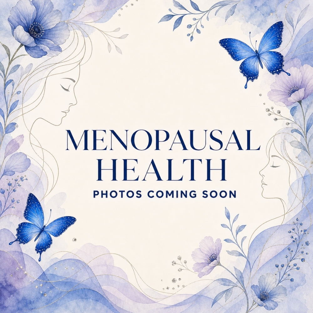 Menopausal Health product photos coming soon, framed by blue butterflies, watercolor flowers, and elegant feminine line art