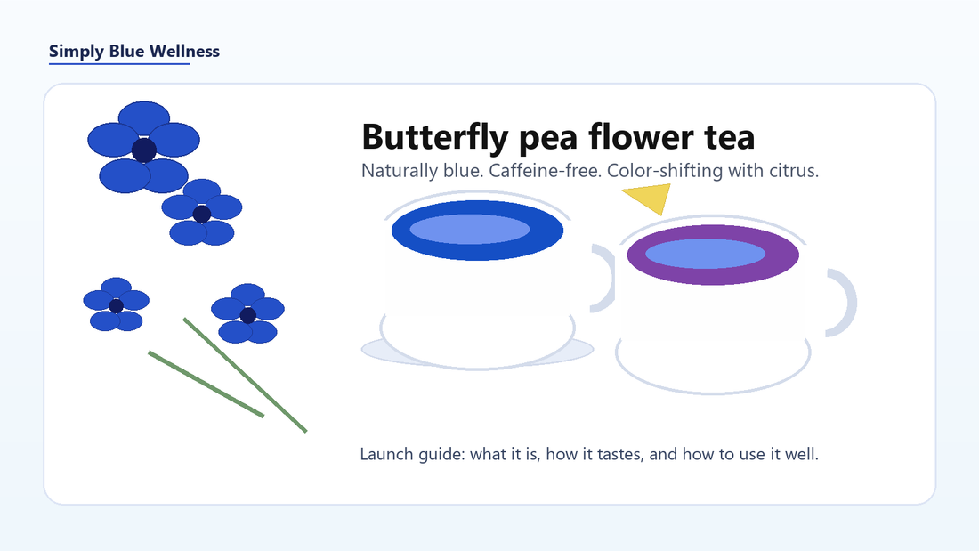 Blue butterfly pea flower tea with dried petals and a lemon color-shift accent.