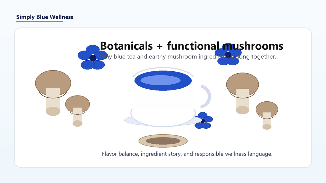 Butterfly pea flower tea with blue petals and functional mushroom ingredients.