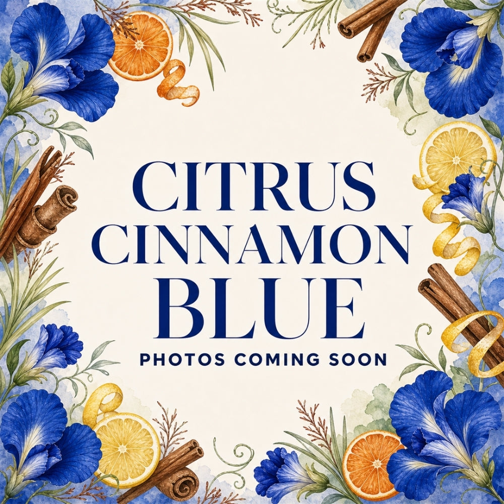 Citrus Cinnamon Blue product photos coming soon, framed by butterfly pea flowers, citrus slices, cinnamon, and herbs