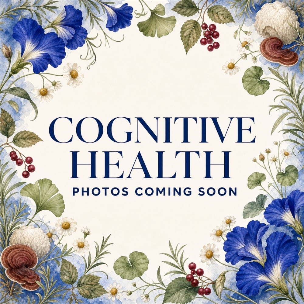 Cognitive Health product photos coming soon, framed by butterfly pea flowers, chamomile, ginkgo, herbs, berries, and mushrooms.