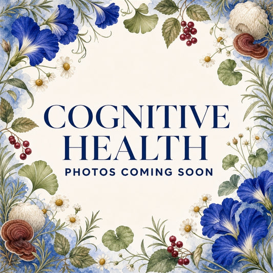 Cognitive Health product photos coming soon, framed by butterfly pea flowers, chamomile, ginkgo, herbs, berries, and mushrooms.