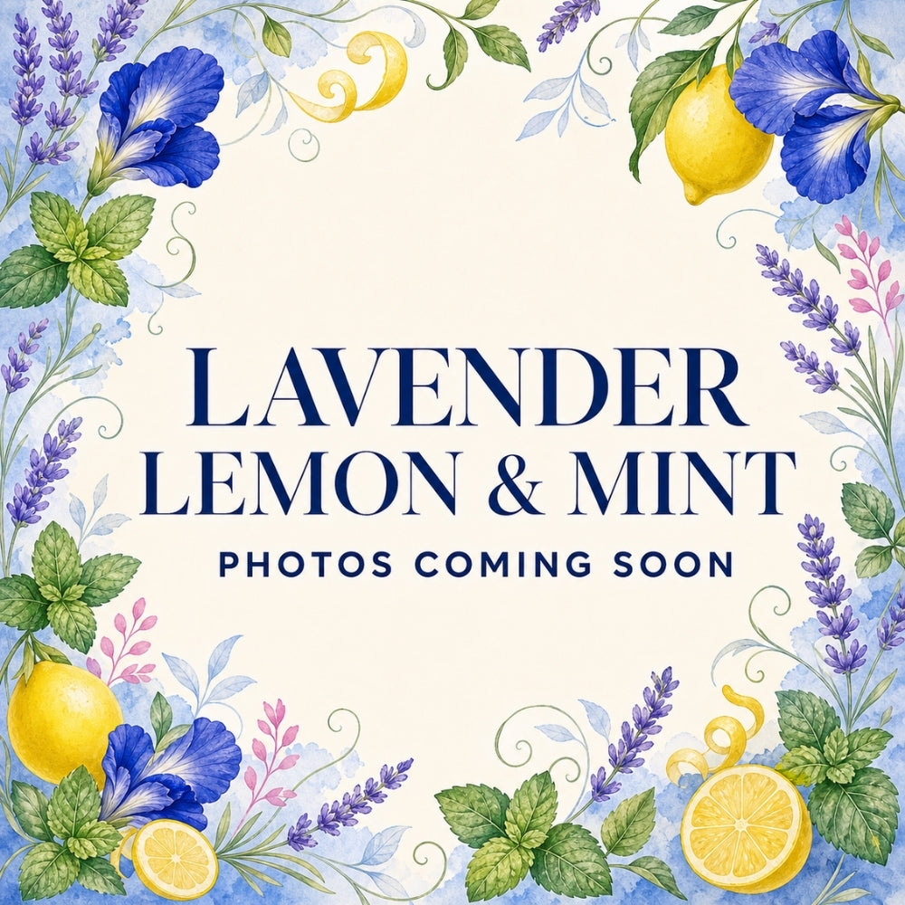 Lavender Lemon Mint product photos coming soon, framed by watercolor lavender, lemons, mint leaves, and blue butterfly pea flowers