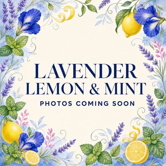 Lavender Lemon Mint product photos coming soon, framed by watercolor lavender, lemons, mint leaves, and blue butterfly pea flowers