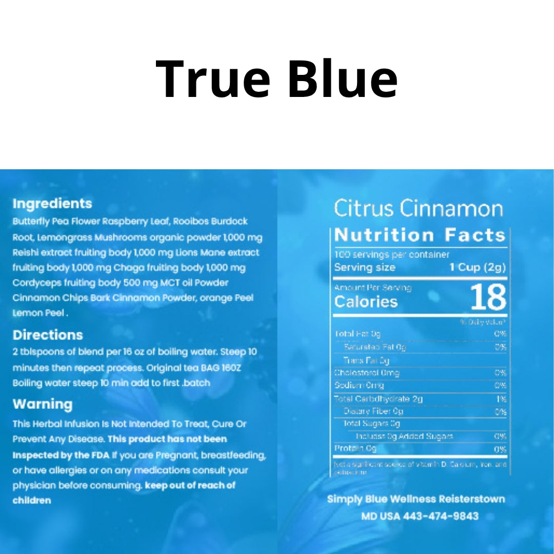 True Blue ingredients directions warning and nutrition facts panel
